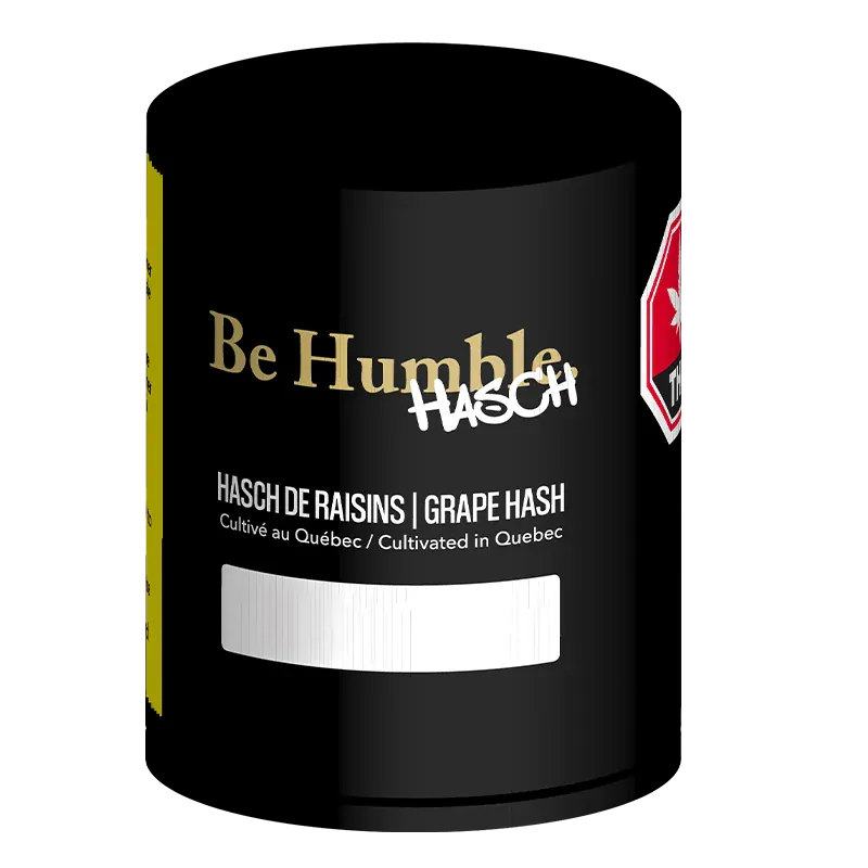 Close-up front view of the black Be Humble Grape Hash canister with gold logo, white "HASCH" graffiti, and product text visible.