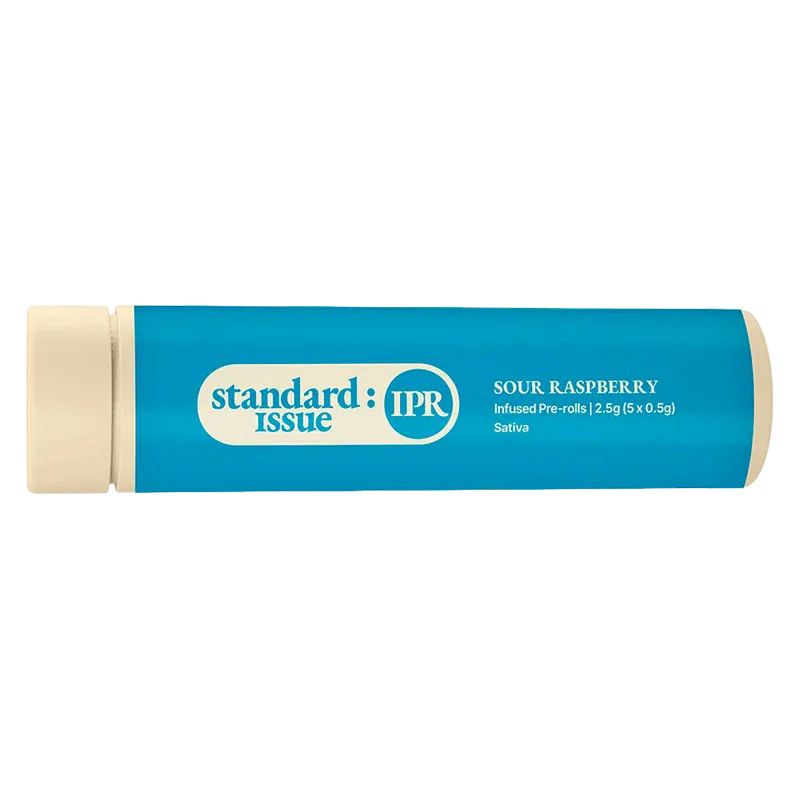 Horizontal close-up of the Sour Raspberry Infused PR 5 x 0.5 g tube with a turquoise label and beige caps, logo and white text centered.