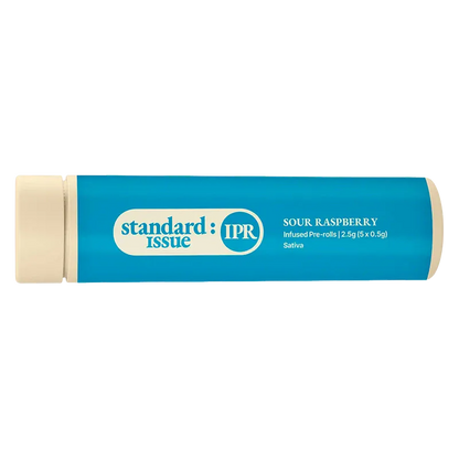 Horizontal close-up of the Sour Raspberry Infused PR 5 x 0.5 g tube with a turquoise label and beige caps, logo and white text centered.