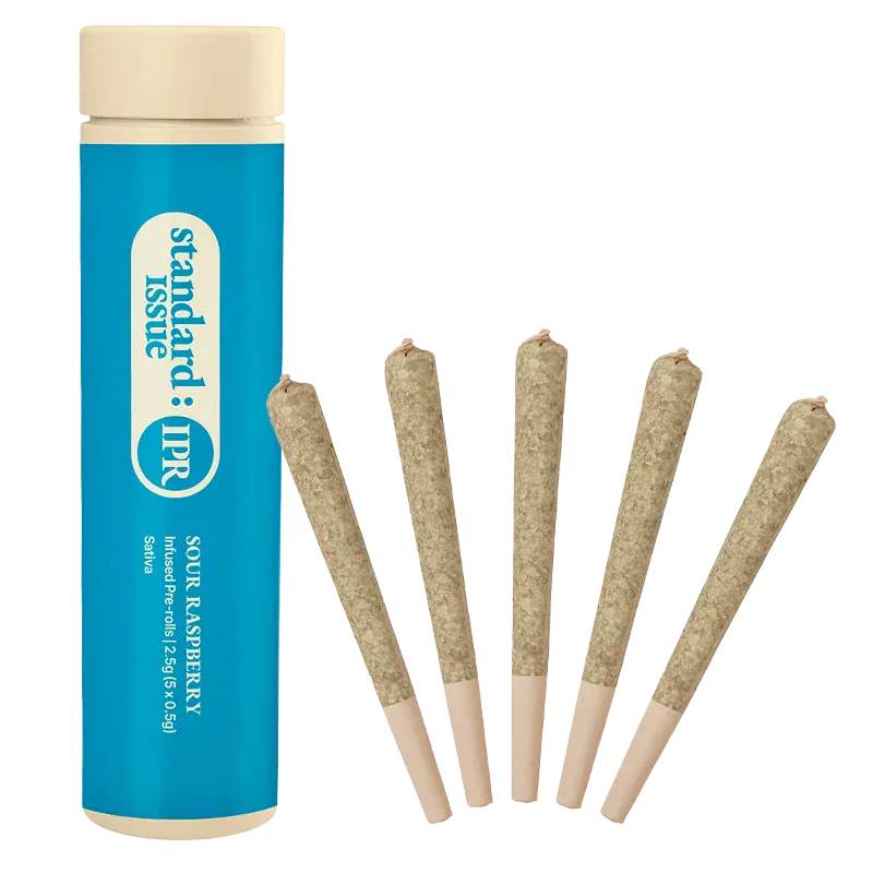 Tall front view of the blue tube and five pre-rolls fanned beside it, labeled "Sour Raspberry Infused PR 5 x 0.5 g".