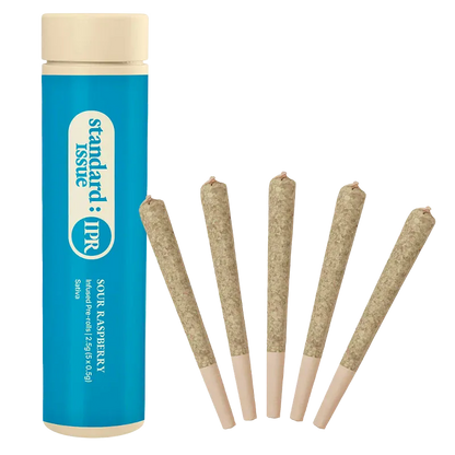 Tall front view of the blue tube and five pre-rolls fanned beside it, labeled "Sour Raspberry Infused PR 5 x 0.5 g".