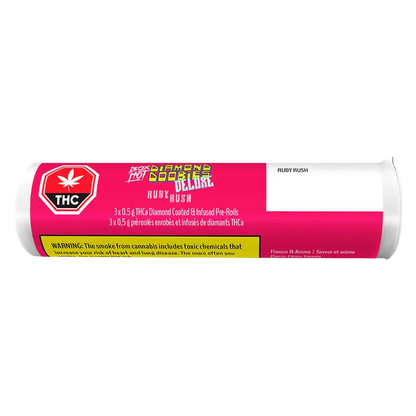 Horizontal front view of a pink-labeled tube reading Diamond Doobies Deluxe Ruby Rush Infused PR 3 x 0.5 g with THC icon and warning panel.
