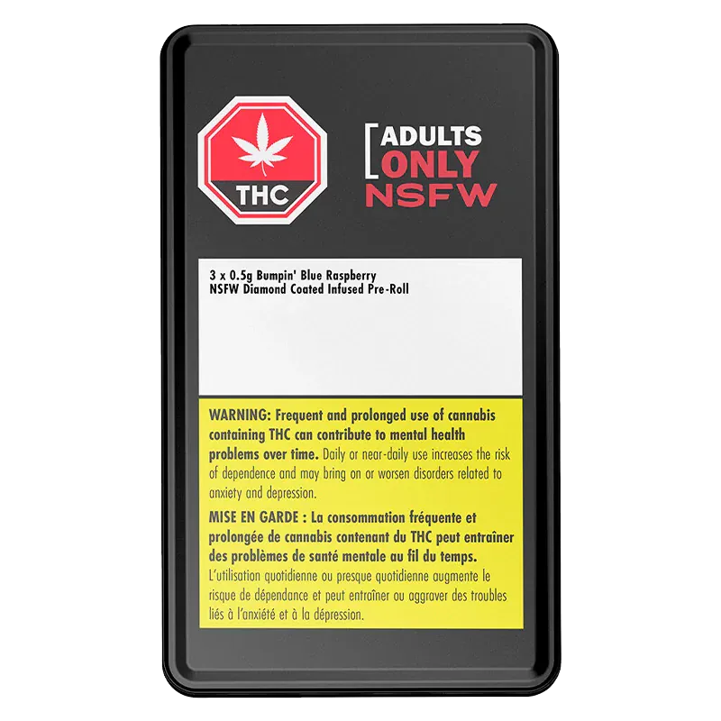 Top-down view of the black tin labeled "Bumpin' Blue Rasp Nsfw Infused PR 3 x 0.5 g" with THC and warning panels.