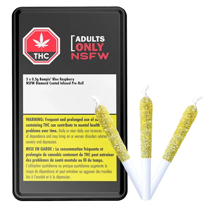 Black rectangular tin shown from a slight front angle with three glittery gold-tipped pre-rolls beside it, labeled "Bumpin' Blue Rasp Nsfw Infused PR 3 x 0.5 g".