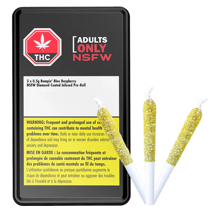 Black rectangular tin shown from a slight front angle with three glittery gold-tipped pre-rolls beside it, labeled "Bumpin' Blue Rasp Nsfw Infused PR 3 x 0.5 g".