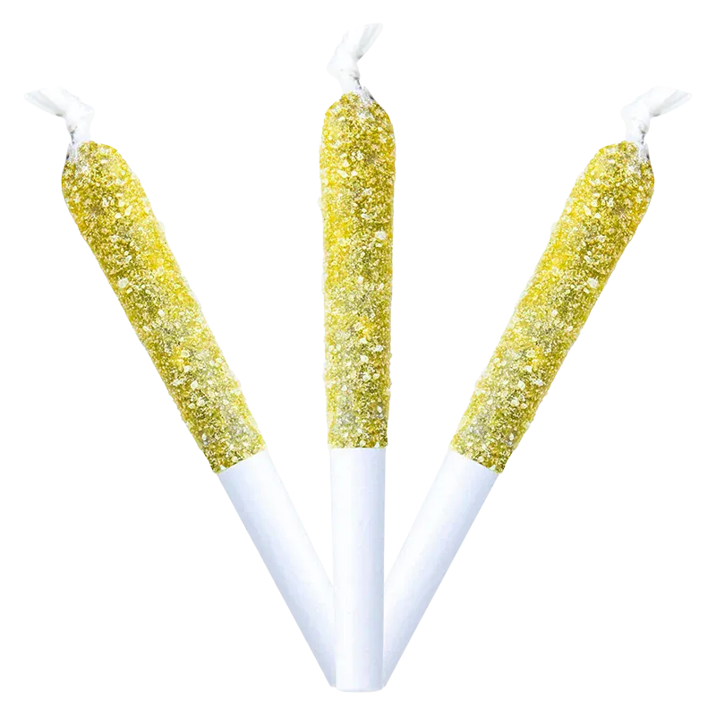 Three glitter-coated yellow pre-rolls arranged fanwise against a white background labeled Bumpin' Blue Rasp Nsfw Infused PR 3 x 0.5 g