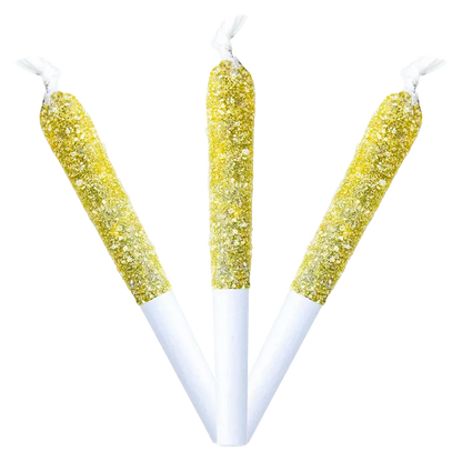 Three glitter-coated yellow pre-rolls arranged fanwise against a white background labeled Bumpin' Blue Rasp Nsfw Infused PR 3 x 0.5 g