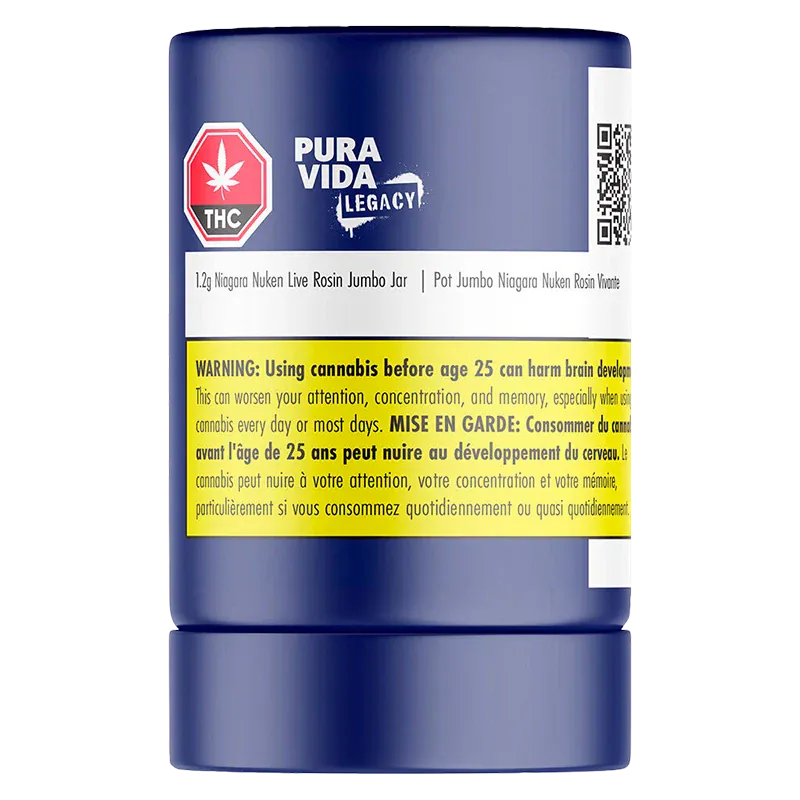 Front-facing shot of a blue canister labeled "Niagara Nuken Jumbo Jar Rosin" with Pura Vida Legacy branding and a yellow health warning band.