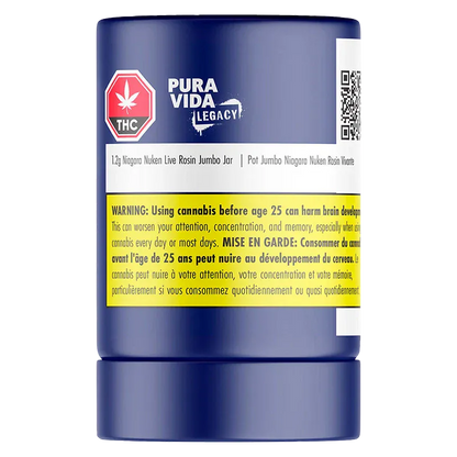 Front-facing shot of a blue canister labeled "Niagara Nuken Jumbo Jar Rosin" with Pura Vida Legacy branding and a yellow health warning band.
