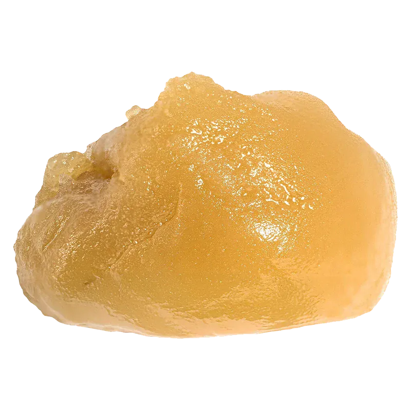 Close-up of a glossy golden dab of Niagara Nuken Jumbo Jar Rosin displayed on a white background, showing its smooth, slightly textured surface.
