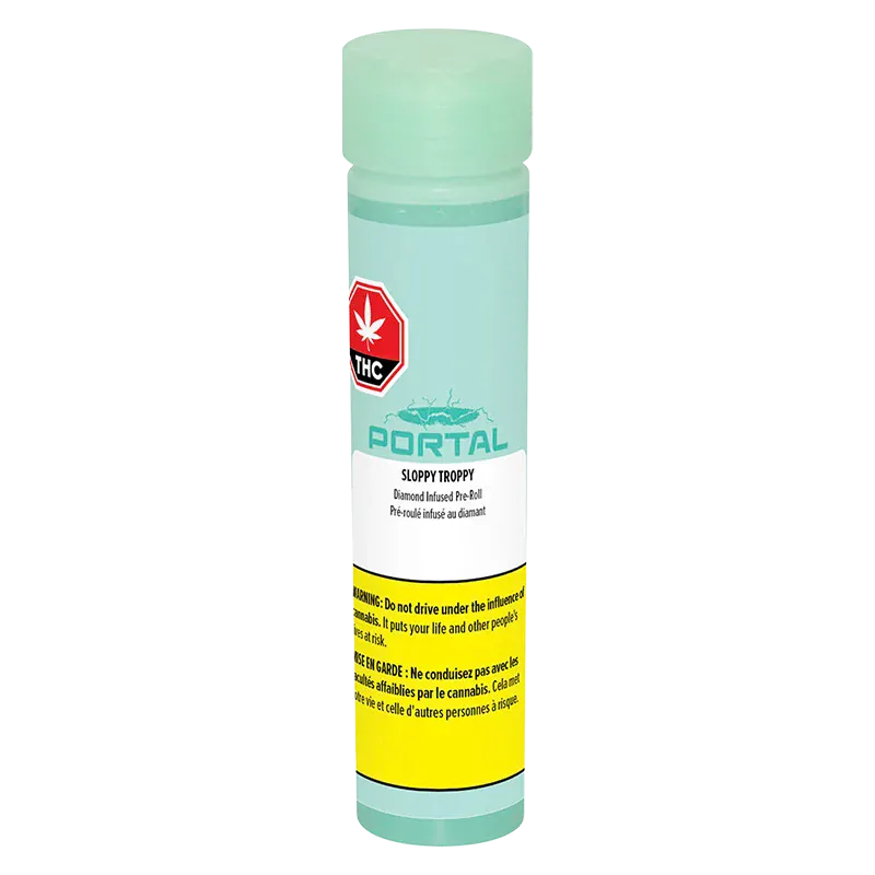 Tall front-facing image of a mint-green Portal Sloppy Troppy Diamond Infused PR 1 x 1 g tube with white and yellow warning labels.