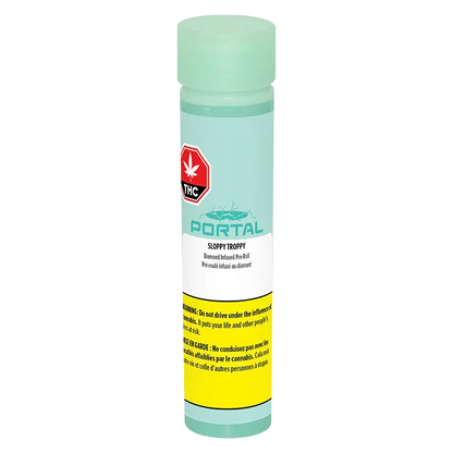 Tall front-facing image of a mint-green Portal Sloppy Troppy Diamond Infused PR 1 x 1 g tube with white and yellow warning labels.