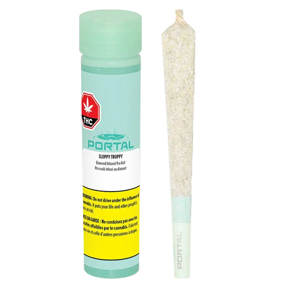 Straight-on product shot of a mint-green tube and a diamond-coated pre-roll labeled "Sloppy Troppy Diamond Infused PR 1 x 1 g" standing against a white background.