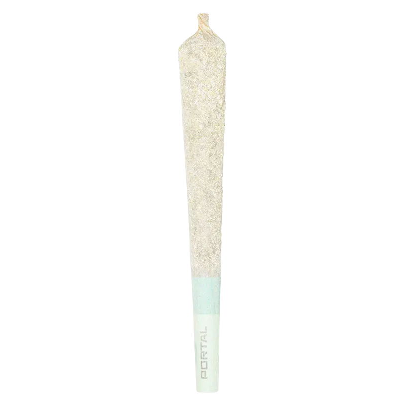 Vertical close-up of a glittery joint with a light blue filter labeled "PORTAL," titled Sloppy Troppy Diamond Infused PR 1 x 1 g.