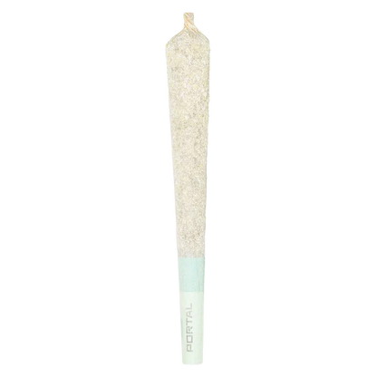 Vertical close-up of a glittery joint with a light blue filter labeled "PORTAL," titled Sloppy Troppy Diamond Infused PR 1 x 1 g.