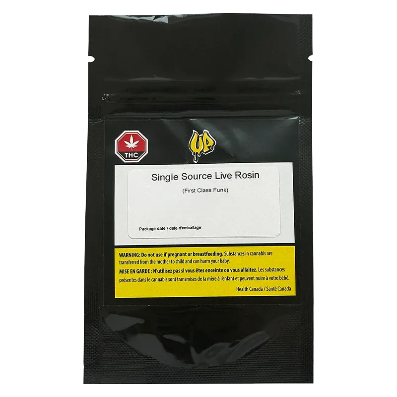 Front-facing shot of a black pouch labelled "Single Source Live Rosin" with a white product label, yellow warning strip, and THC symbol.