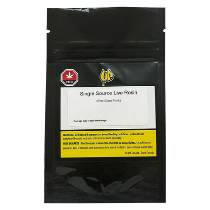 Front-facing shot of a black pouch labelled "Single Source Live Rosin" with a white product label, yellow warning strip, and THC symbol.