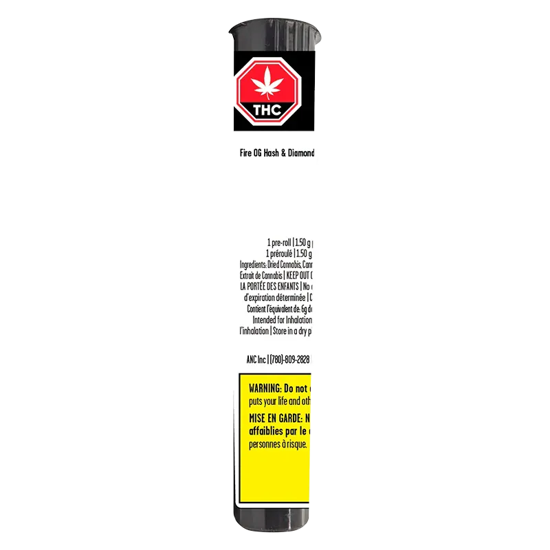 Tall front view of the Fire OG Hash & Diamond Infused PR 1 x 1.5 g tube on white background with a red THC stop sign label.