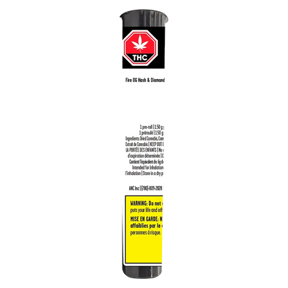 Tall front view of the Fire OG Hash & Diamond Infused PR 1 x 1.5 g tube on white background with a red THC stop sign label.