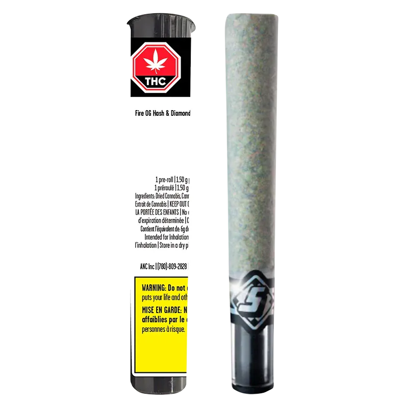 Front-facing view of the Fire OG Hash & Diamond Infused PR 1 x 1.5 g pre-roll standing upright beside its branded white tube, both shown on a white background.