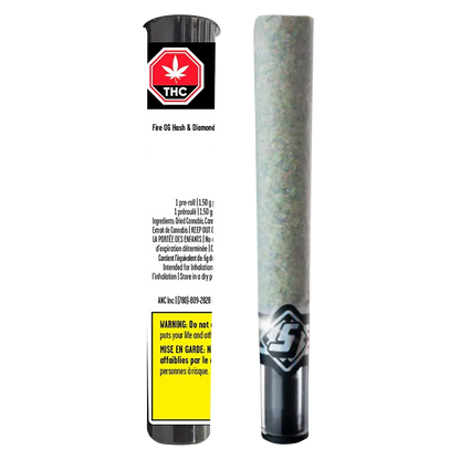 Front-facing view of the Fire OG Hash & Diamond Infused PR 1 x 1.5 g pre-roll standing upright beside its branded white tube, both shown on a white background.