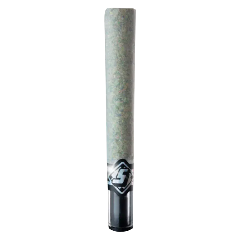 Straight-on view of a pre-roll tube filled with green herb labeled "Fire OG Hash & Diamond Infused PR 1 x 1.5 g" against a white background.