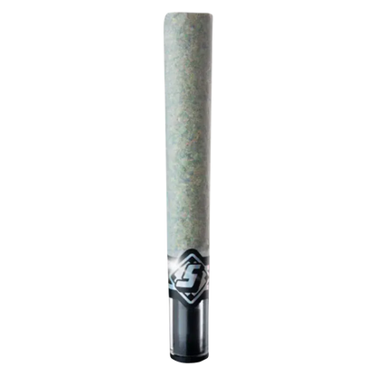 Straight-on view of a pre-roll tube filled with green herb labeled "Fire OG Hash & Diamond Infused PR 1 x 1.5 g" against a white background.