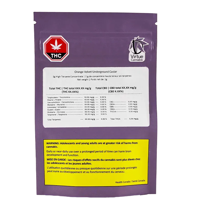 Flat frontal view of the purple pouch labeled Orange Velvet Underground Caviar with a white ingredient panel, THC logo, and yellow warning box.