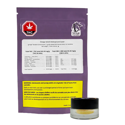 Rear view of a purple pouch and small clear jar labeled Orange Velvet Underground Caviar, shown upright on a white background with a visible warning panel.
