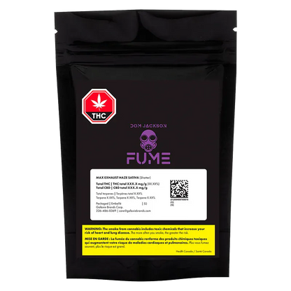 Front-facing shot of the black pouch labeled "Exhaust Haze Shatter" showing a purple FUME logo, THC stop sign, and a white product info panel.