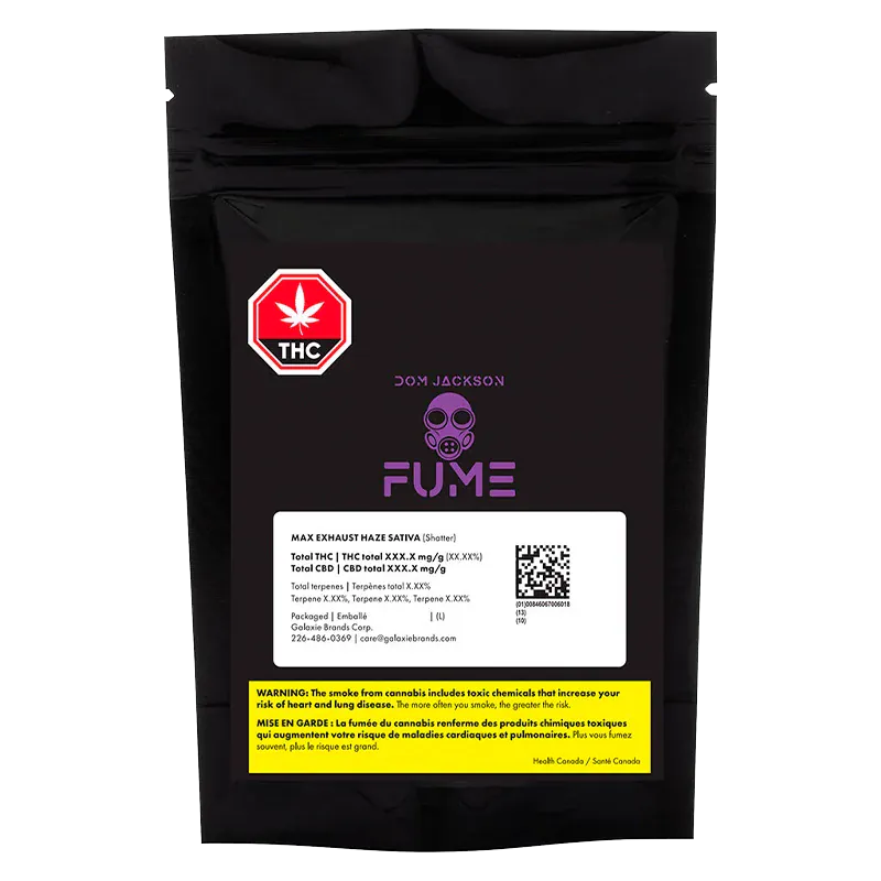 Front-facing image of the black pouch labeled "Exhaust Haze Shatter" from FUME with purple logo and white nutrition-style panel.
