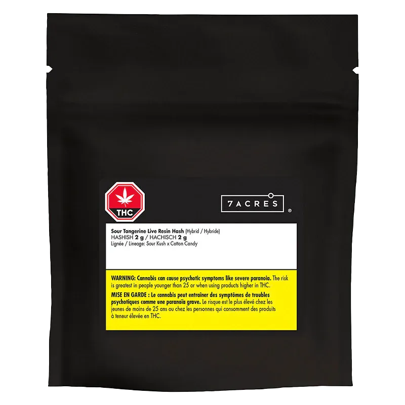 Flat-front photo of a black pouch labeled "Sour Tangerine Live Resin Hash" by 7ACRES with a red THC octagon and a yellow warning block.