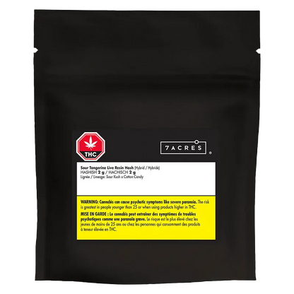 Flat-front photo of a black pouch labeled "Sour Tangerine Live Resin Hash" by 7ACRES with a red THC octagon and a yellow warning block.