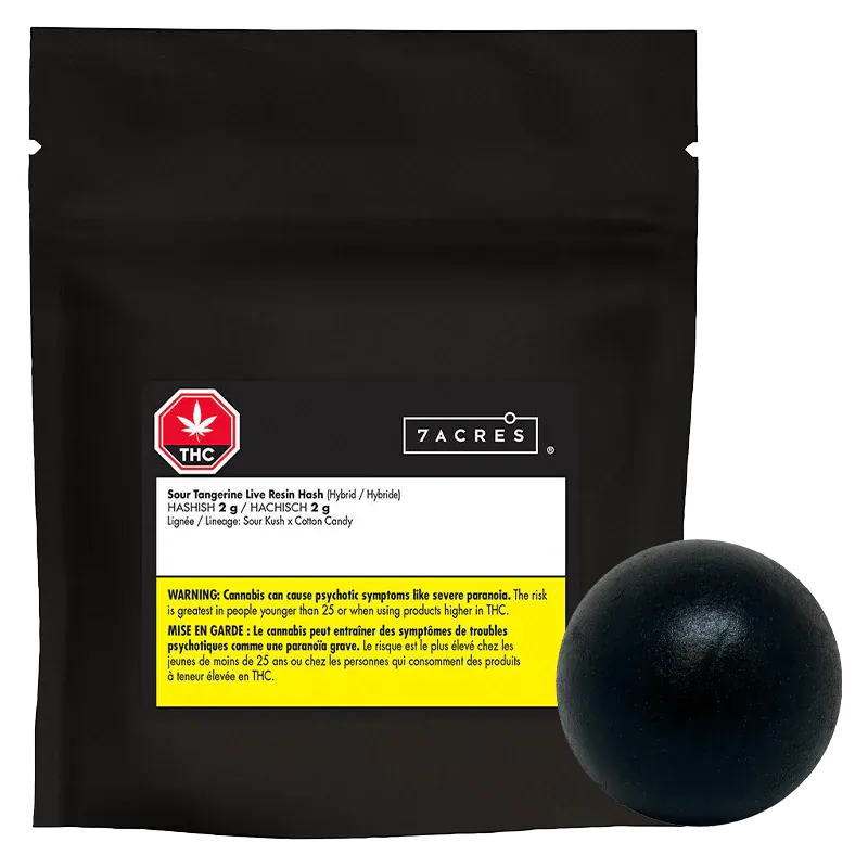 Front-facing black resealable pouch with a white label and yellow warning strip, accompanied by a round black resin ball, showing "Sour Tangerine Live Resin Hash."