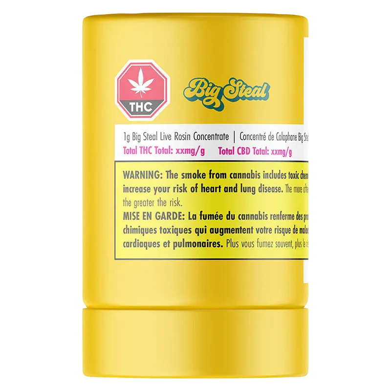 Front-facing view of a yellow cylindrical container labeled Big Steal Live Rosin with a THC emblem and a bilingual warning panel.