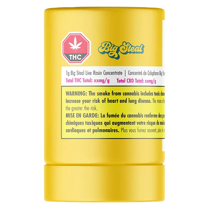 Front-facing view of a yellow cylindrical container labeled Big Steal Live Rosin with a THC emblem and a bilingual warning panel.