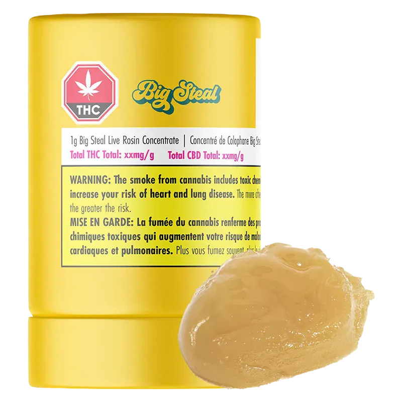 Close-up of a yellow tub labeled Big Steal Live Rosin with a glossy caramel-colored dab of concentrate in front.