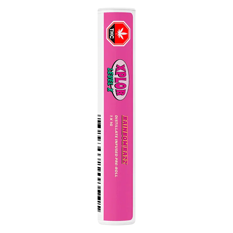Tall vertical product shot of the Rainbow Razz Distillate Infused PR 1 x 1 g tube with bright pink label and THC stop sign near the top