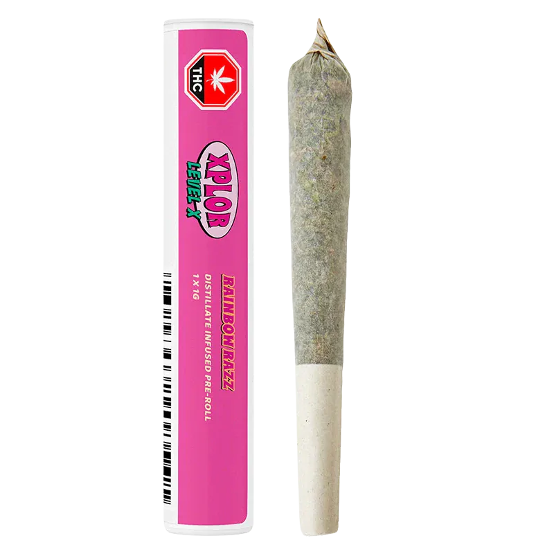 Straight-on view of a pre-roll and pink tube packaging labeled "Rainbow Razz Distillate Infused PR 1 x 1 g" against a white background.