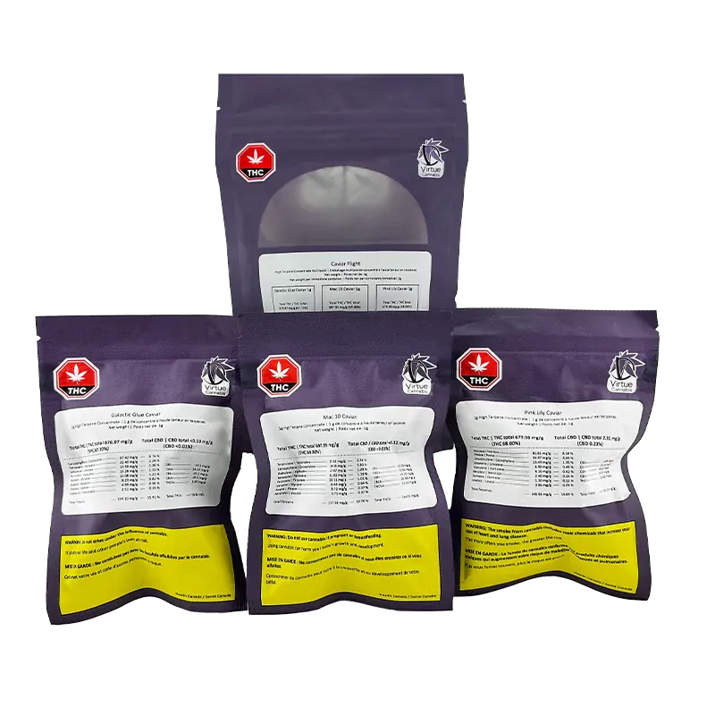 Three-quarter front view of three purple resealable pouches labeled Virtue Caviar Flight Caviar with white product panels and THC symbols.