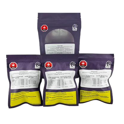 Three-quarter front view of three purple resealable pouches labeled Virtue Caviar Flight Caviar with white product panels and THC symbols.