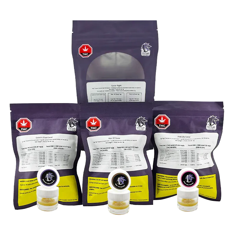 Front-facing shot of three small clear jars of caviar in front of four upright purple pouches, showing labels and red THC icons for Virtue Caviar Flight Caviar