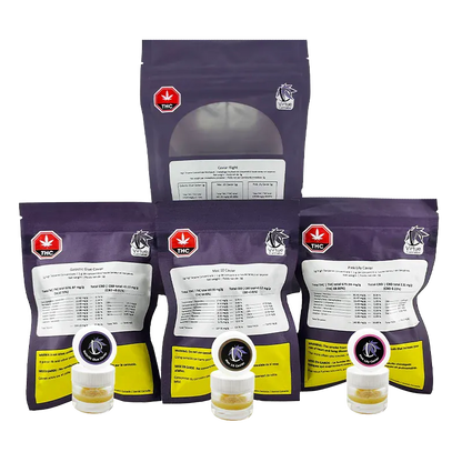 Front-facing shot of three small clear jars of caviar in front of four upright purple pouches, showing labels and red THC icons for Virtue Caviar Flight Caviar