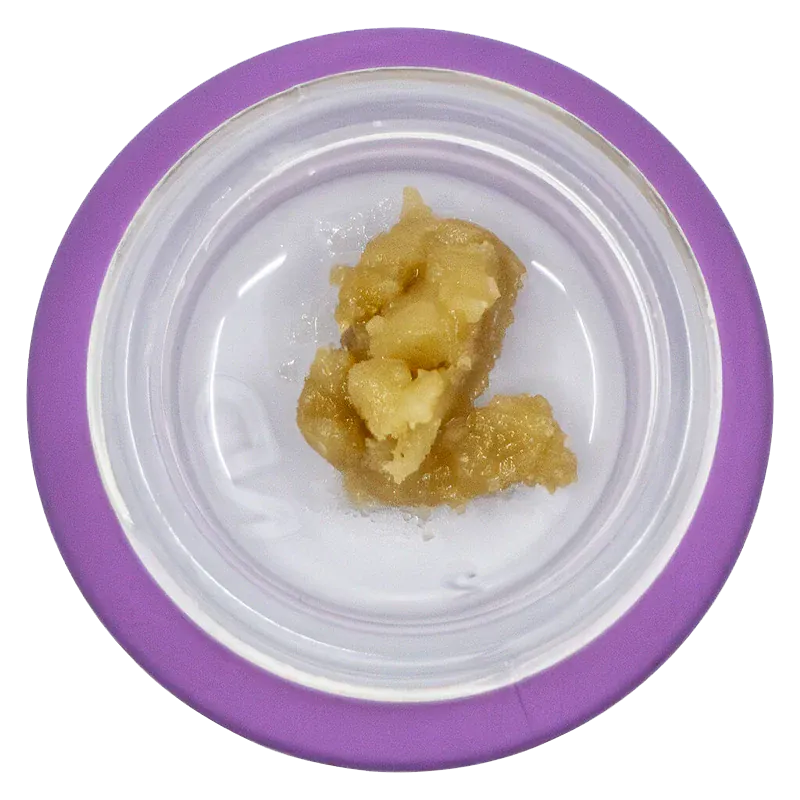 Top-down view of a pale amber concentrate in a white dish with a purple rim labeled Tropical Twist Live Resin Badder.