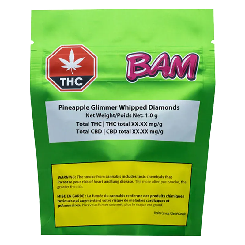 Front view of the bright green BAM Pineapple Glimmer Whipped Diamonds package with a red THC symbol and white product label.