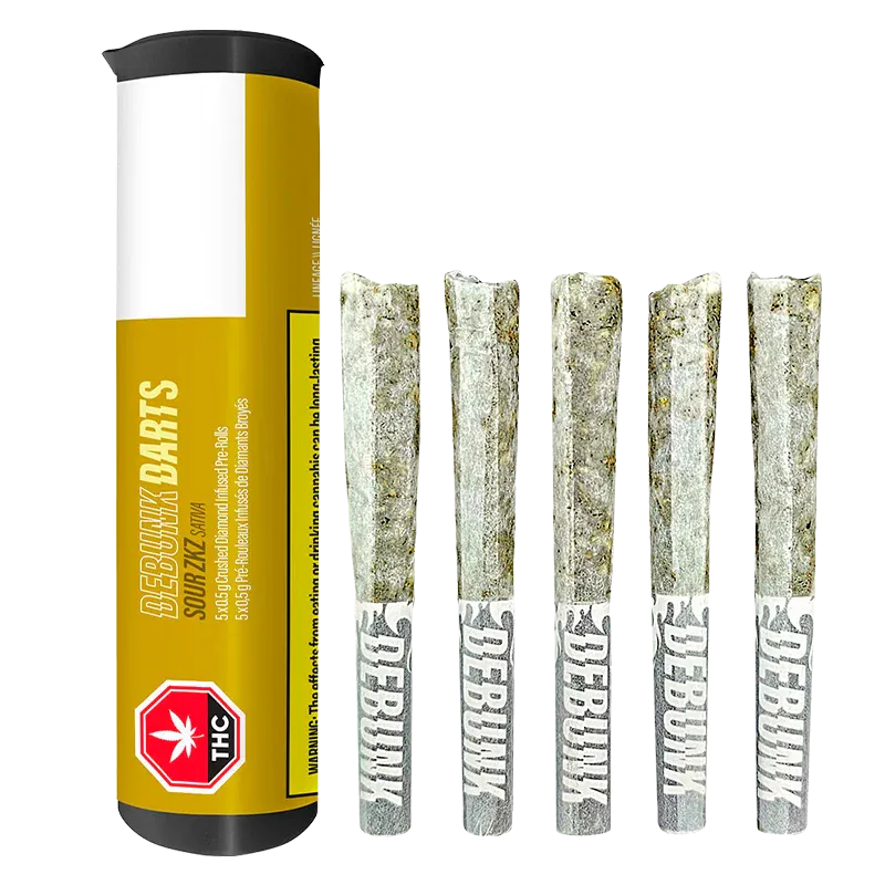 Studio-lit front view of a yellow tube beside five powdered, diamond-coated pre-rolls labeled "DEBUNK," titled Sour Zkz Bubble Hash Coated Infused PR 5 x 0.5 g