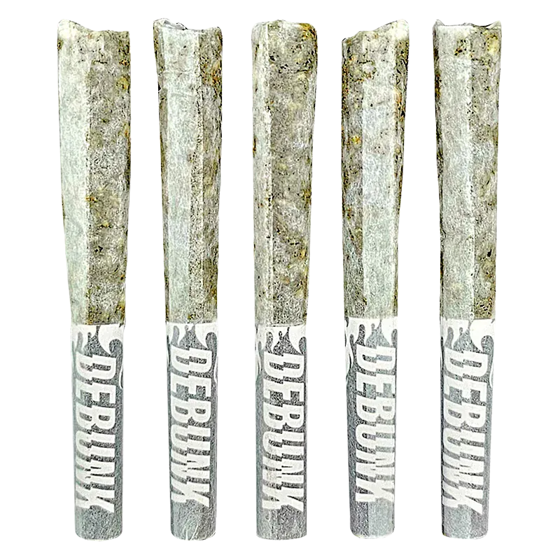 Five pre-rolled joints in a row, close-up of the Sour Zkz Bubble Hash Coated Infused PR 5 x 0.5 g showing textured coating and branded white tips.
