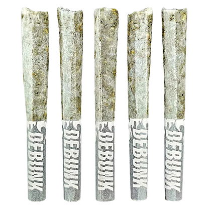 Five pre-rolled joints in a row, close-up of the Sour Zkz Bubble Hash Coated Infused PR 5 x 0.5 g showing textured coating and branded white tips.