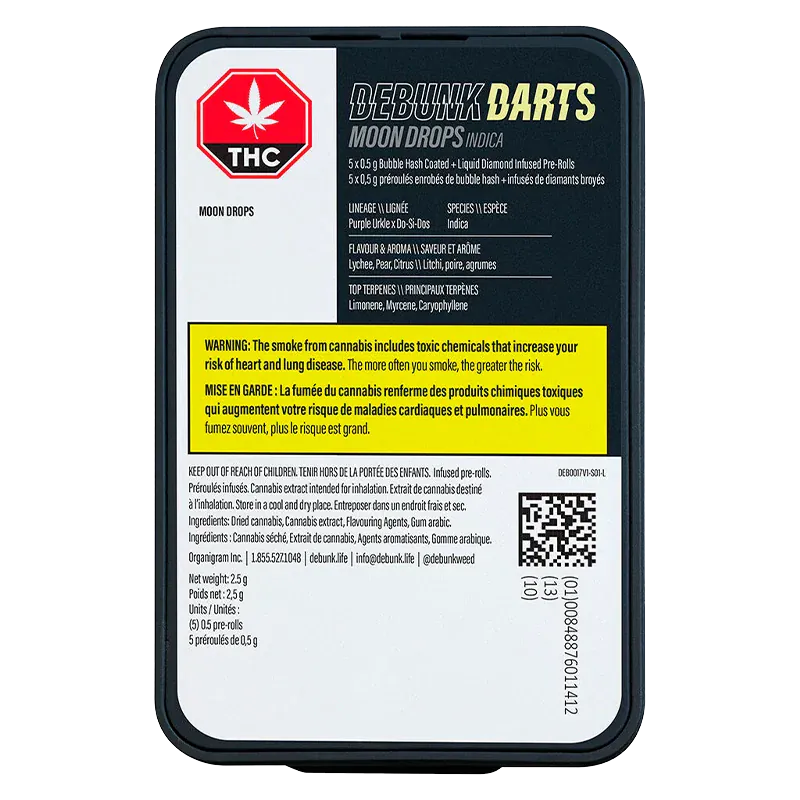 Top-down view of the rectangular tin showing the label for Moon Drops Bubble Hash Coated Infused PR 5 x 0.5 g with a prominent red THC symbol and yellow warning block.