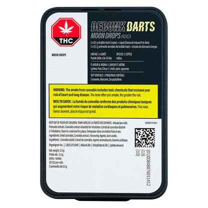 Top-down view of the rectangular tin showing the label for Moon Drops Bubble Hash Coated Infused PR 5 x 0.5 g with a prominent red THC symbol and yellow warning block.